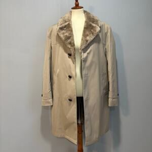 VTG Haggar Beige Tan Faux Fur Lined Large Collar Overcoat Trench, Men's size 40